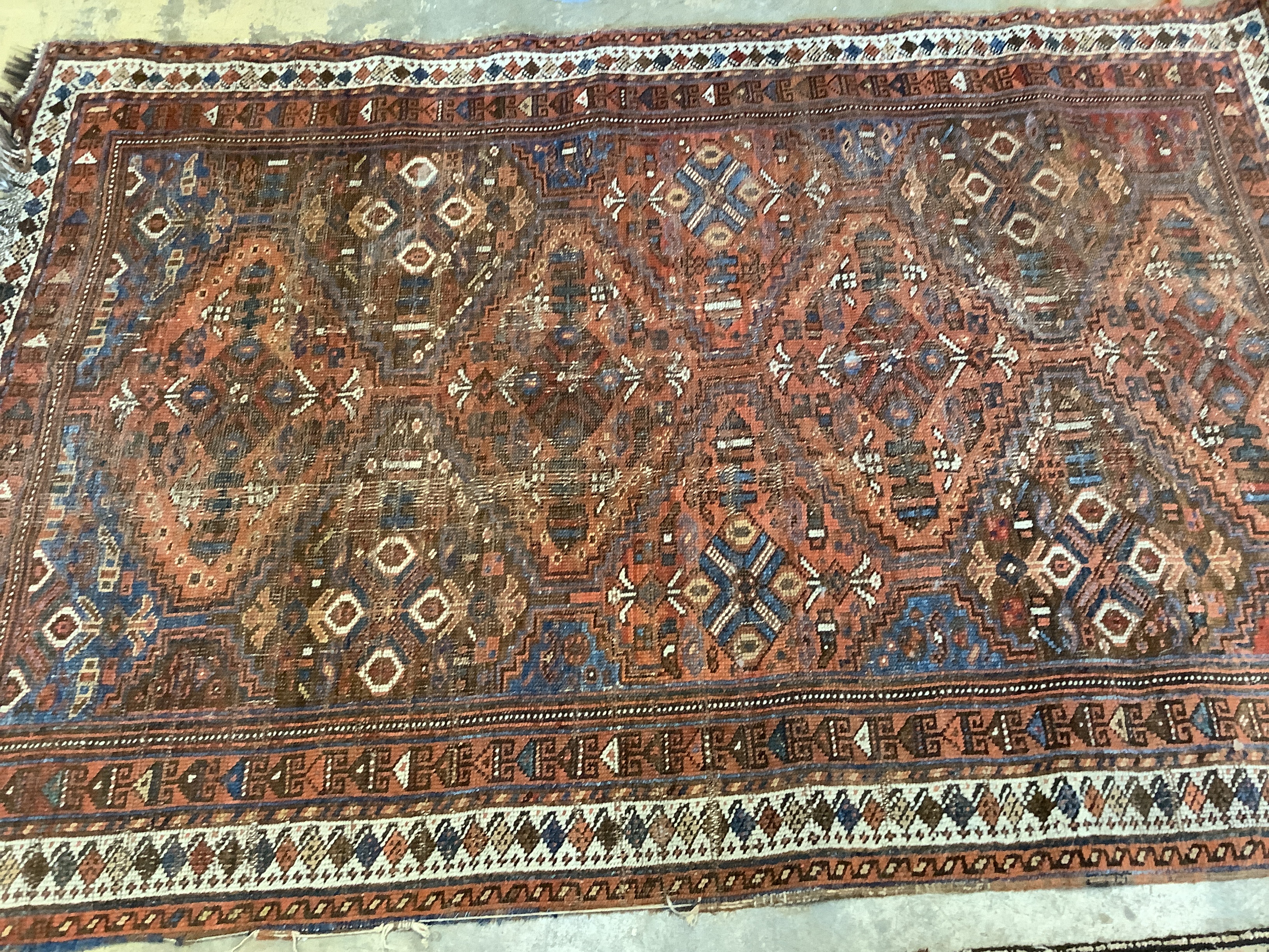Two antique North West Persian blue ground rugs, a Turkish rug and a Belouch rug, largest 210 x 128cm